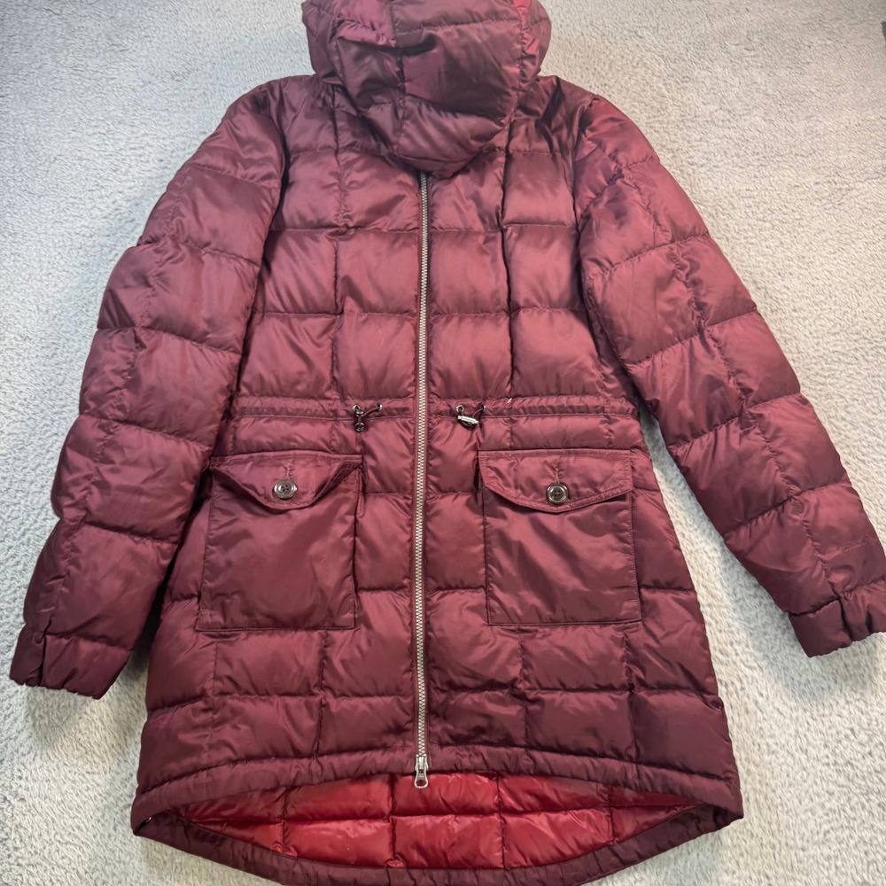 Eddie Bauer Womens Burgundy Quilted Goose Down Hooded Puffer Parka Jacket Small